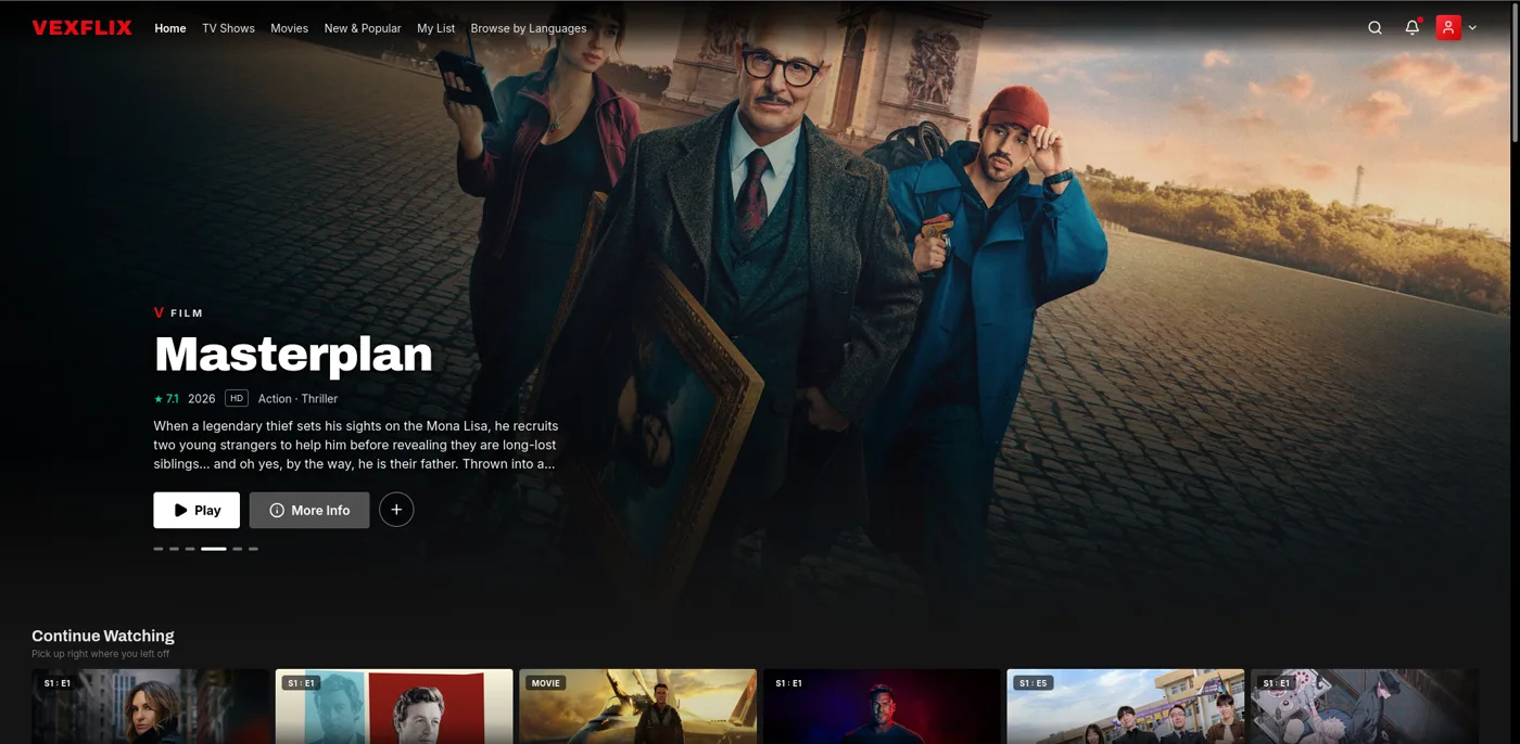 Vexflix — A modern movie and series streaming platform with instant search and watchlists.